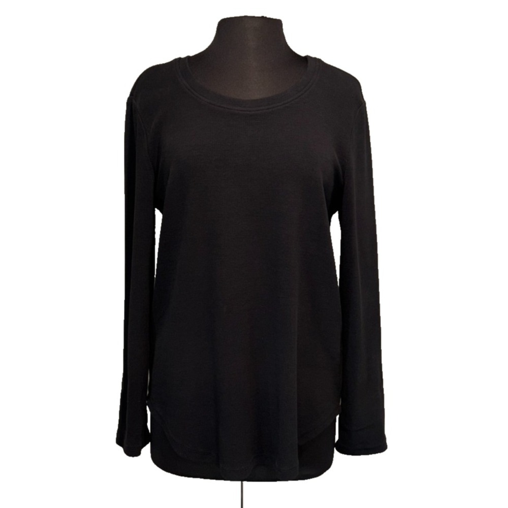 Ribbed Knit Top Black Long Sleeve by Focus Women Med Scoop Neck Shirttail NWT